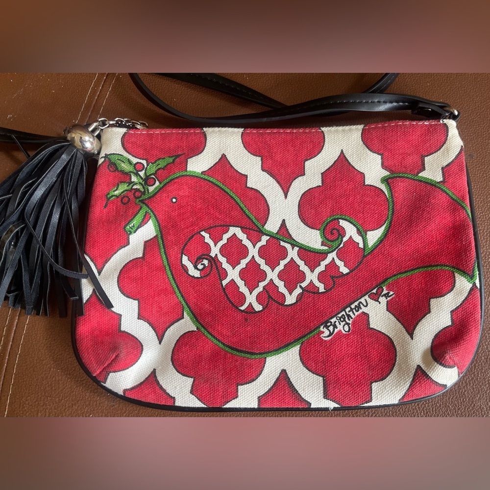 Brighton Red Bird Print Canvas Crossbody Bag Love Dove Pouch Purse Tassel